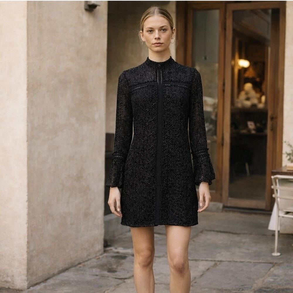 SAYLOR NYC Long Sleeve Mini Dress sheer shoulder black with specs Small